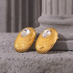 18K Gold-Plated Ribbed Oval Glass Stud Earrings