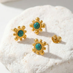 Green Stone Sunburst Stud Earrings