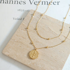 Layered Coin Pendant & Beaded Chain Necklace