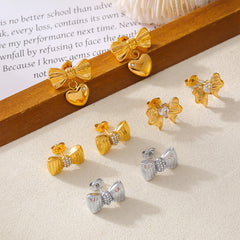 Bow Glass-Accent Stainless Steel Stud Earrings