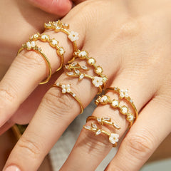 18K Gold-Plated Floral & Pearl-Accent Rings