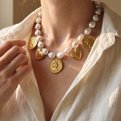 Pearl-Look Heart and Coin Charm Necklace