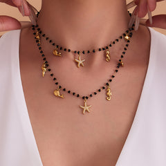 Black Crystal Bead Ocean Charm Necklace