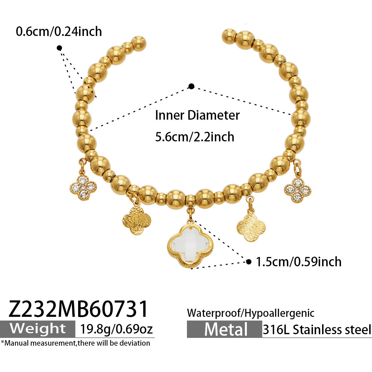18K Gold-Plated Clover Charm Bead Bracelet