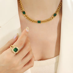 Green Glass Curb Chain Necklace & Bracelet