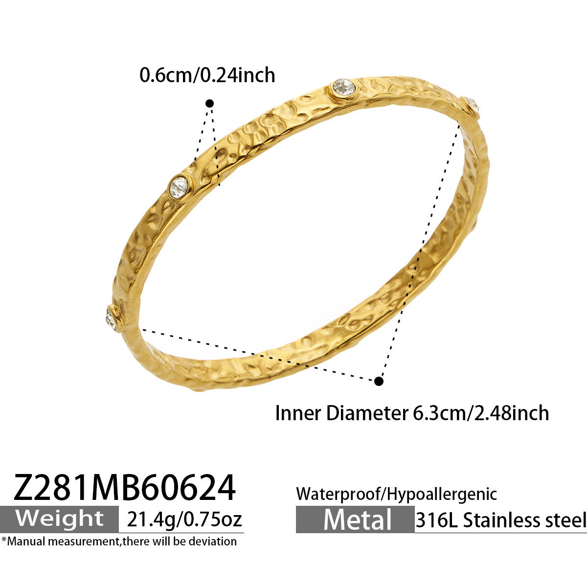 Hammered Cubic Zirconia Bangle Bracelet