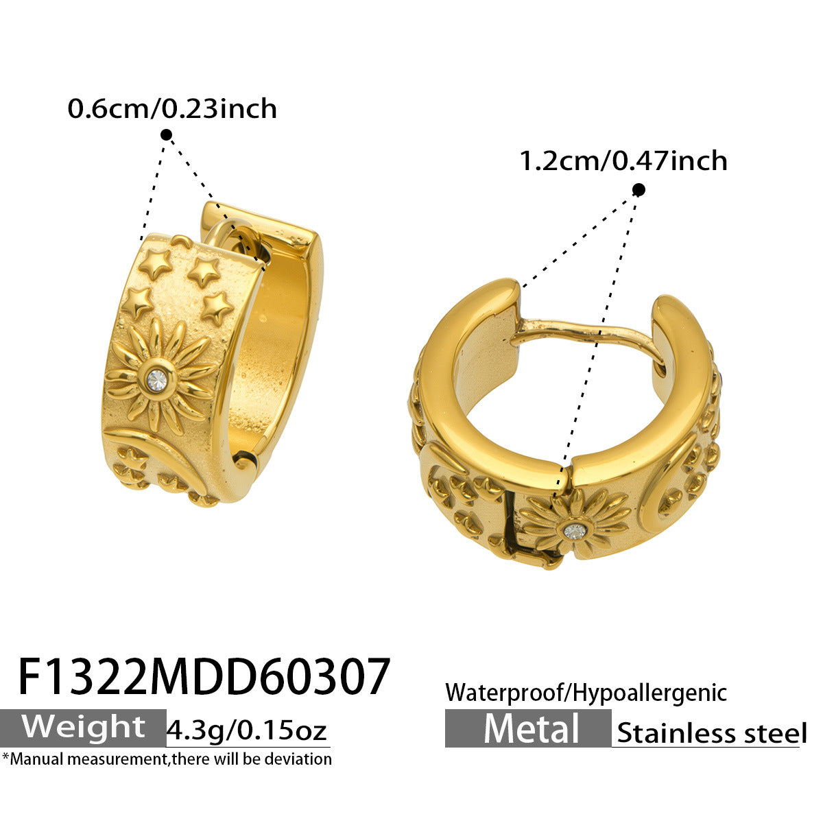Star & Crescent Engraved Huggie Hoop Earrings