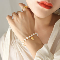 Freshwater Pearl Heart Charm Stretch Bracelet