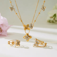 Flower Pendant Necklace and Pearl-Look Ring
