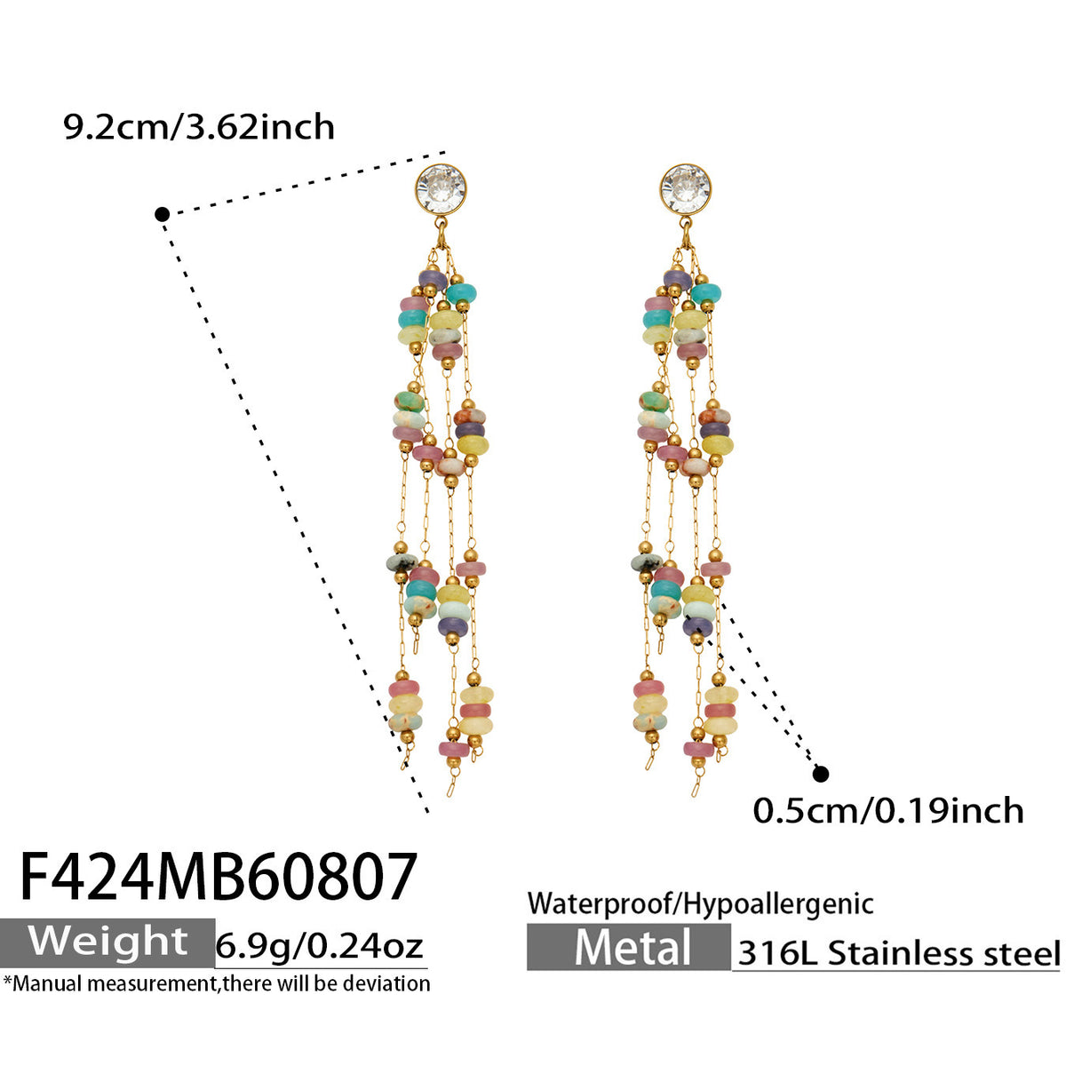 Natural Crystal Bead Chain Drop Earrings
