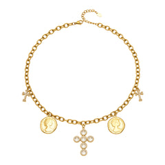 18K Gold-Plated Cross and Coin Charm Necklace