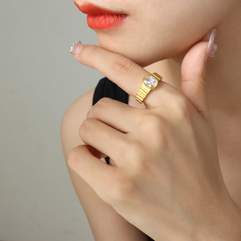 Oval Cubic Zirconia Ridged Band Ring