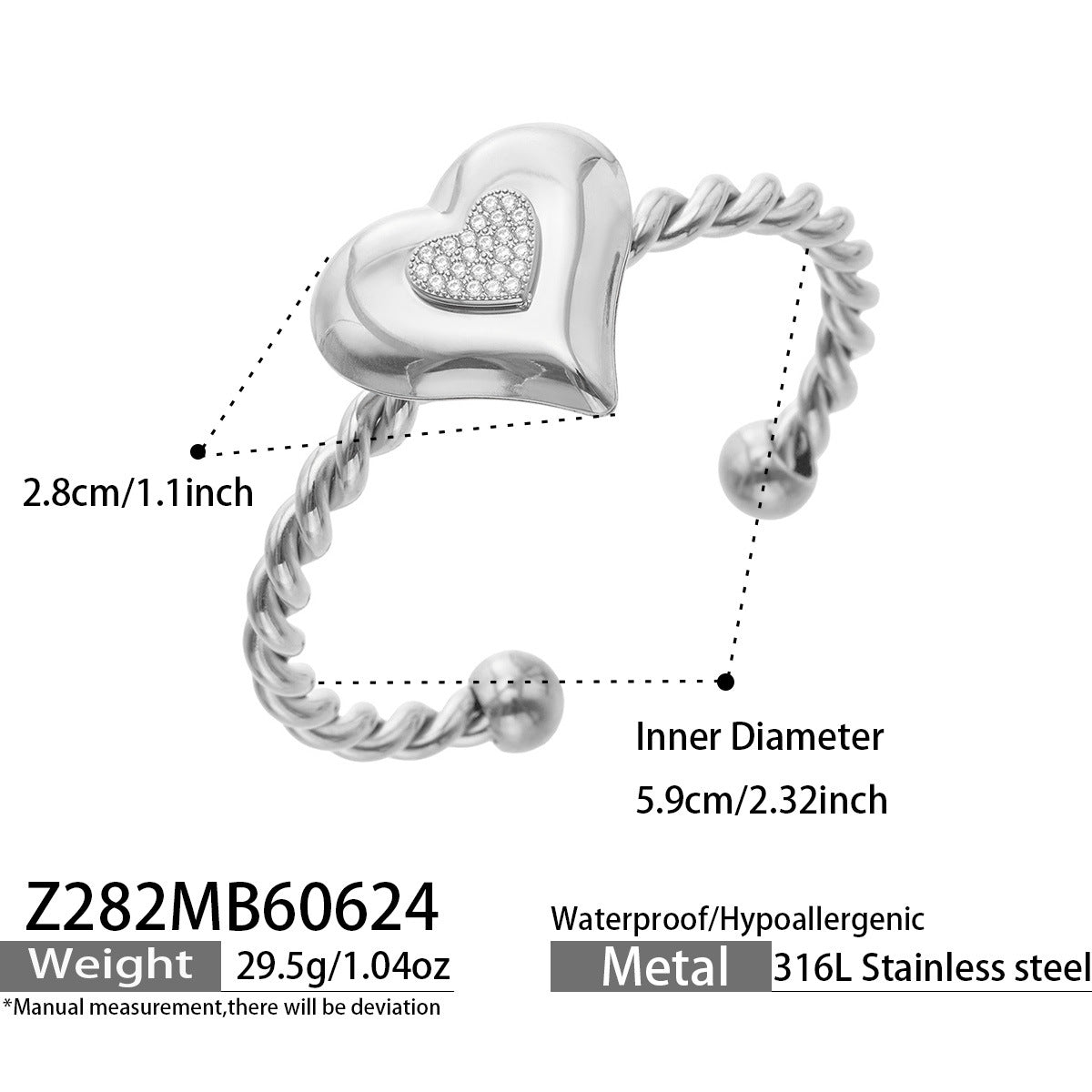 Cubic Zirconia Heart Open Cuff