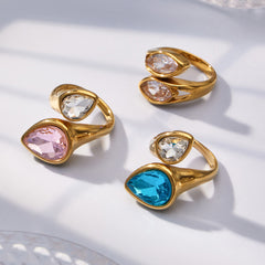 18K Gold-Plated Faceted Glass and Cubic Zirconia Rings