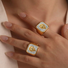 18K Gold-Plated Lion-Motif Cubic Zirconia Signet Ring