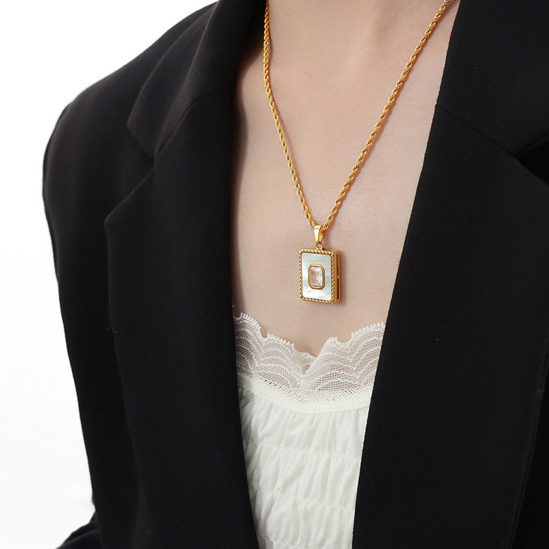 White Shell and Cubic Zirconia Rectangle Necklace
