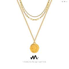 18K Gold-Plated Portrait Coin Triple-Layer Necklace