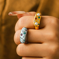 18K Gold-Plated Pearl-Look & Colorful Stone Open Ring