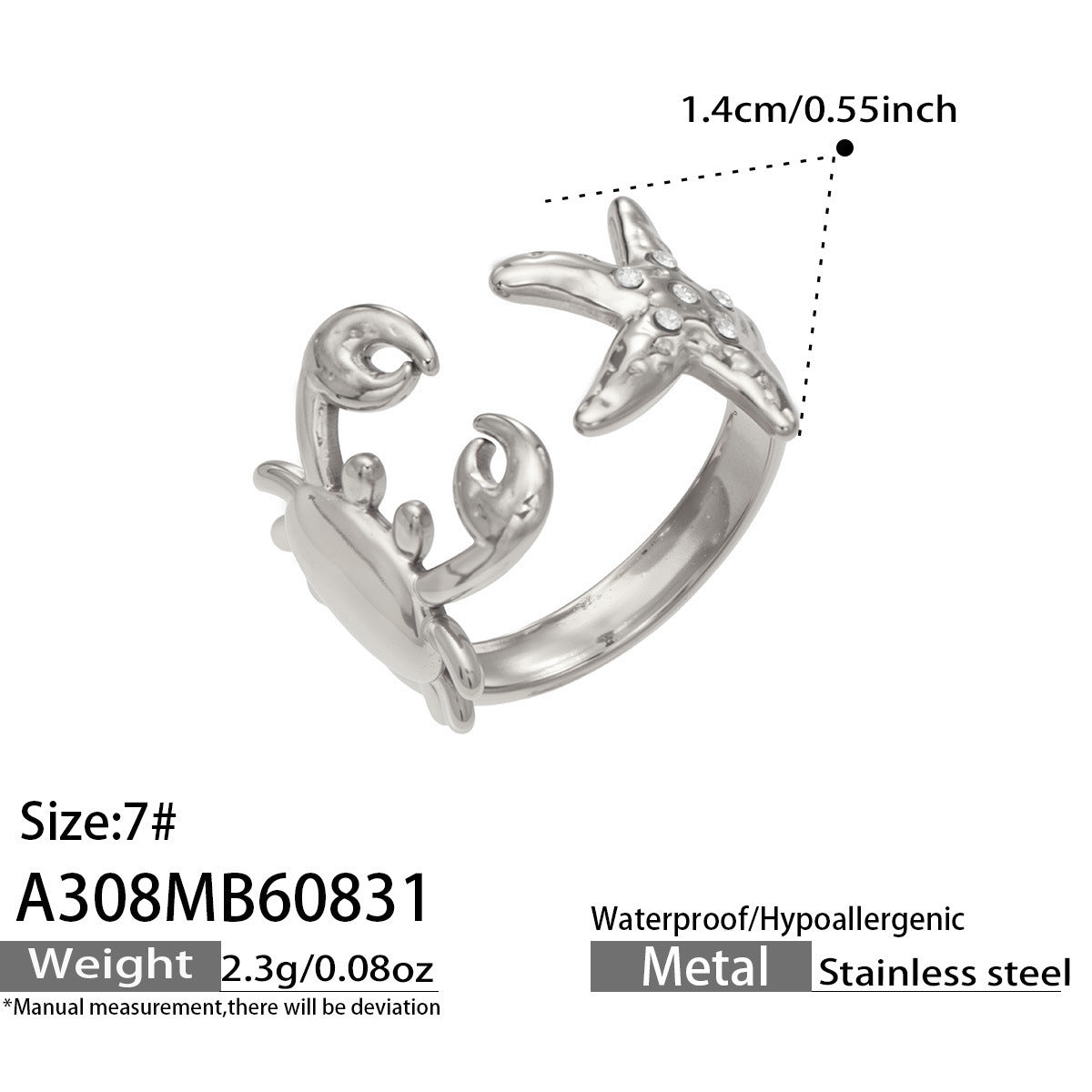Crab and Starfish Cubic Zirconia Open Ring