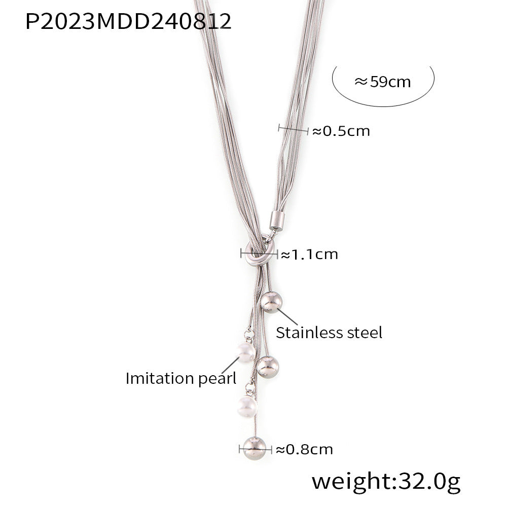 Silver-Tone Pearl-Look Sliding Lariat Necklace