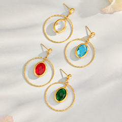 Oval Glass Stone Double-Hoop Drop Earrings