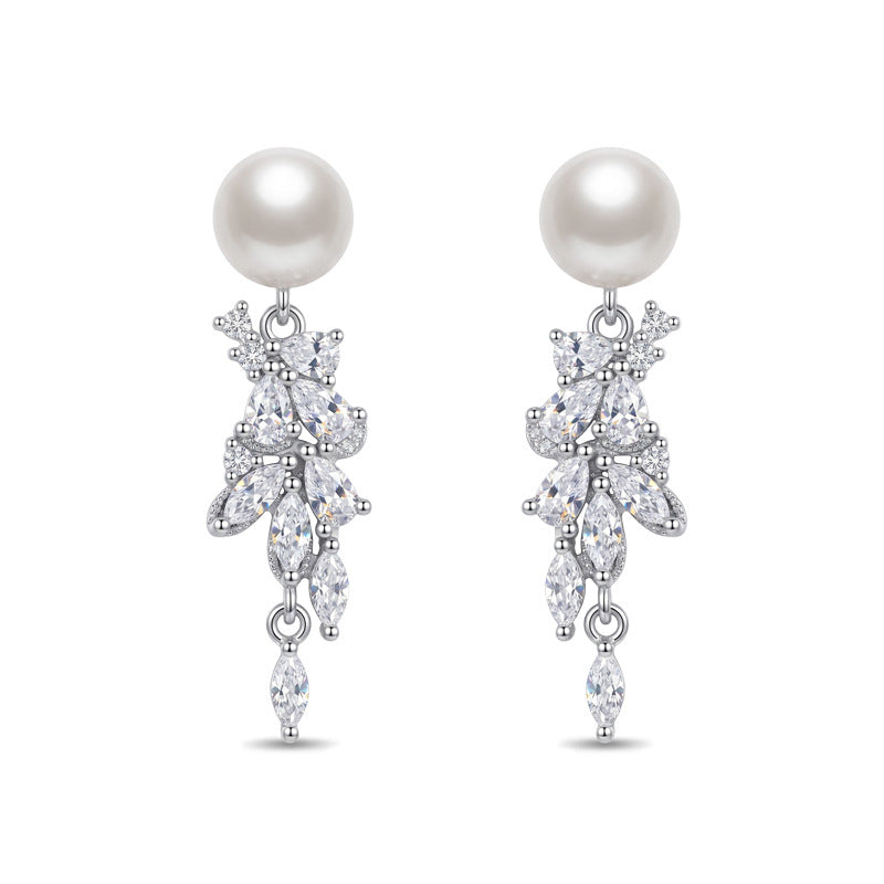 Nicolette Vintage-Inspired Pearl Pavé Leaf Drop Earrings