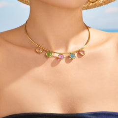 18K Gold-Plated Open Collar with Colored Glass Accents