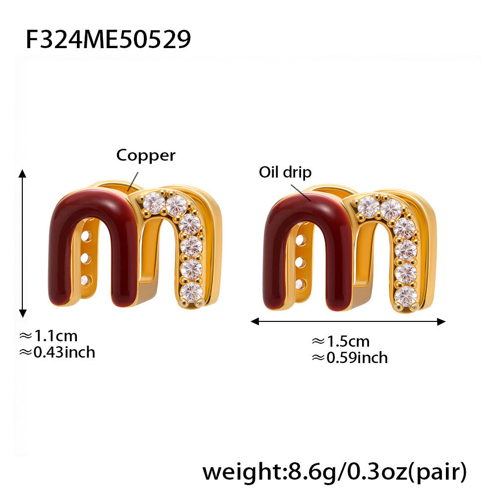 18K Gold-Plated Deep Red Enamel M-Hoop Earrings