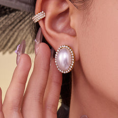 18K Gold-Plated Oval Pearl-Look Earrings or Single Ear Cuff
