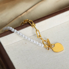 Pearl-Look Heart Charm Toggle Bracelet