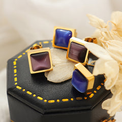 Square Color-Stone Stud Earrings