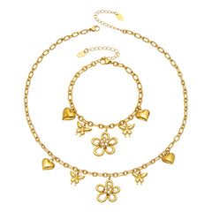 Cubic Zirconia Floral Charm Necklace and Bracelet