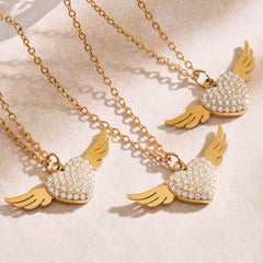 Winged Heart Cubic Zirconia Necklace or Flat Chain