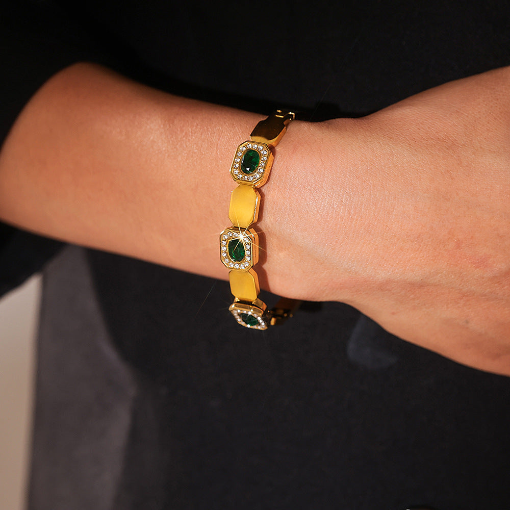 18K Gold-Plated Green Accent Geometric Bangle
