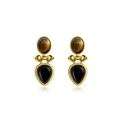 Daphne Vintage-Inspired Tiger-Eye Black Agate Heart Stud Earrings