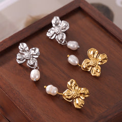 Textured Flower Freshwater Pearl Drop Earrings
