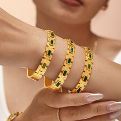 18K Gold-Plated Green Glass Geometric Clasp Bracelet