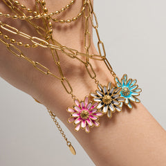 Layered Enamel Daisy Pendant Necklace