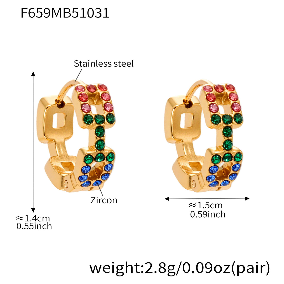 18K Gold-Plated Square Cubic Zirconia Huggie Earrings