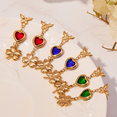 Heart & Flower Glass-Stone Drop Earrings