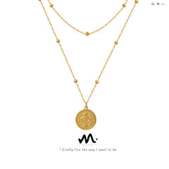 Layered Coin Pendant & Beaded Chain Necklace