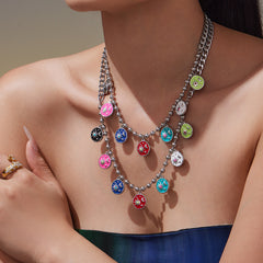 Silver-Tone Color Enamel Disc Charm Necklace