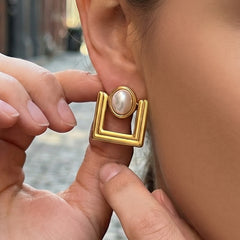 18K Gold-Plated Geometric Pearl-Look Stud Earrings