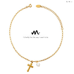 Cross and Pearl-Look Charm Anklet