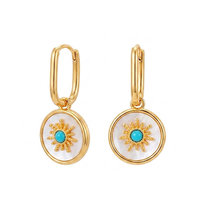 Daphne Vintage-Inspired White Mother-of-Pearl Turquoise Hoop Earrings
