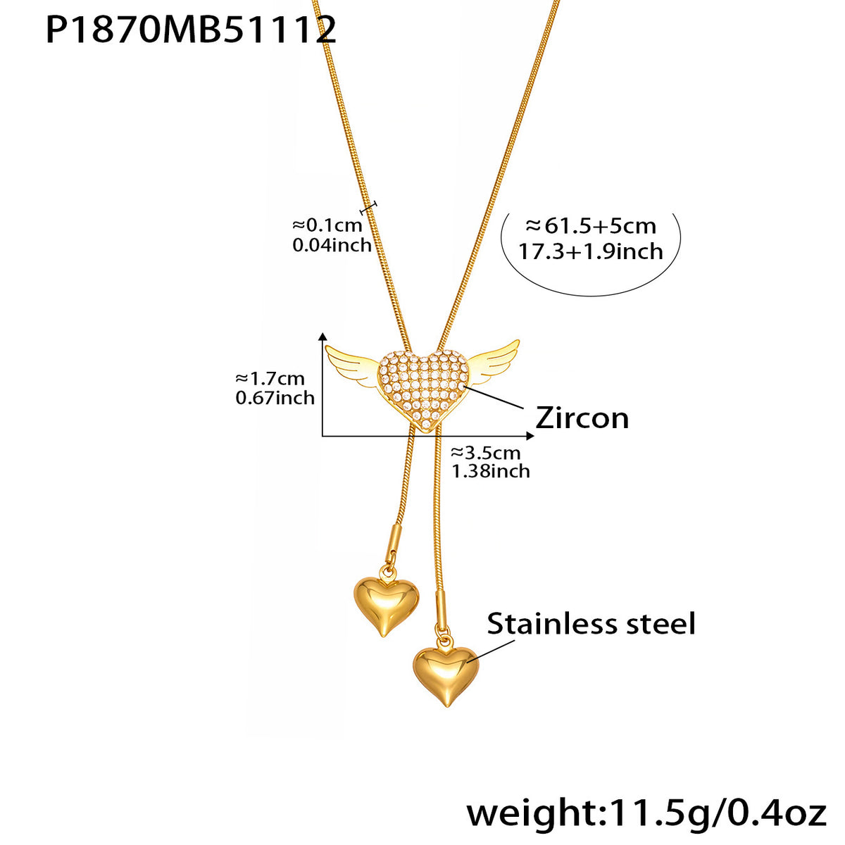 Sparkling Wing and Heart Y Necklace
