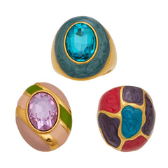 Color Enamel and Oval Glass Statement Rings