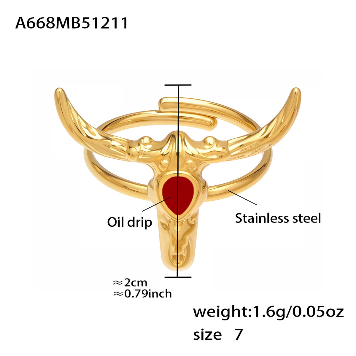 18K Gold-Plated Bull Head Open Ring