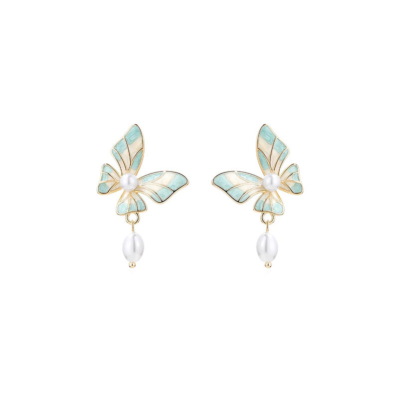 Nicolette Vintage-Inspired Pearl Enamel Butterfly Stud Earrings