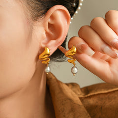 18K Gold-Plated Spiral Freshwater Pearl Earrings